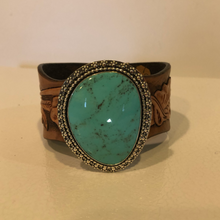 Load image into Gallery viewer, Tooled Leather &amp; Turquoise Cuff
