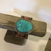 Load image into Gallery viewer, Tooled Leather &amp; Turquoise Cuff
