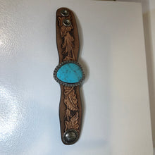 Load image into Gallery viewer, Tooled Leather &amp; Turquoise Cuff
