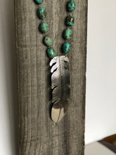 Load image into Gallery viewer, Turquoise Nugget Stone Necklace with Signed Navajo Sterling Feather Pendant
