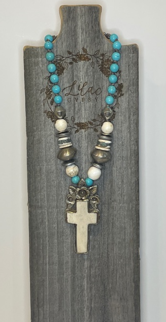 Turquoise & Bone Cross Pendant